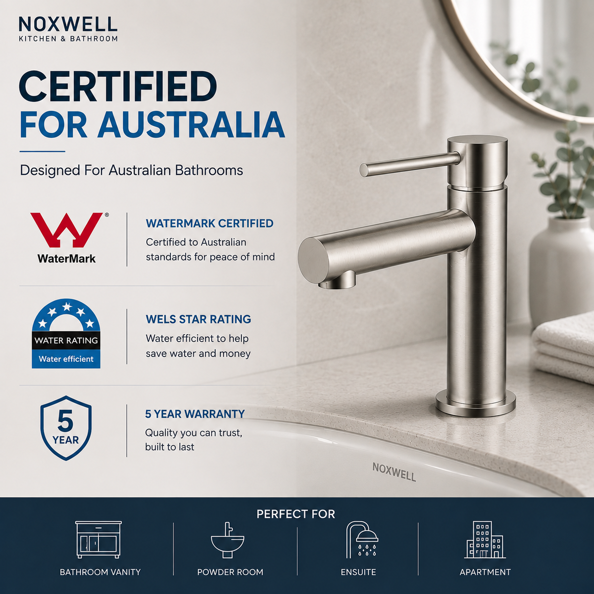 Noxwell BMSV-1470 WaterMark and WELS approved bathroom basin mixer feature image