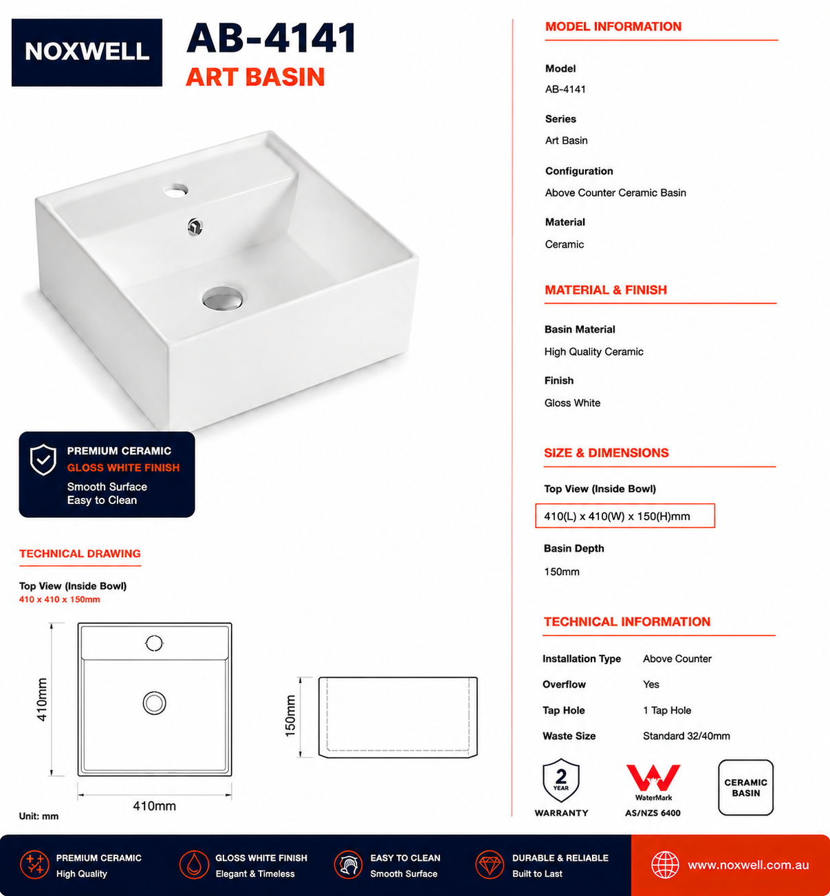 Gloss White Ceramic Art Basin 410x410mm Above Counter Bathroom Sink Noxwell AB-4141