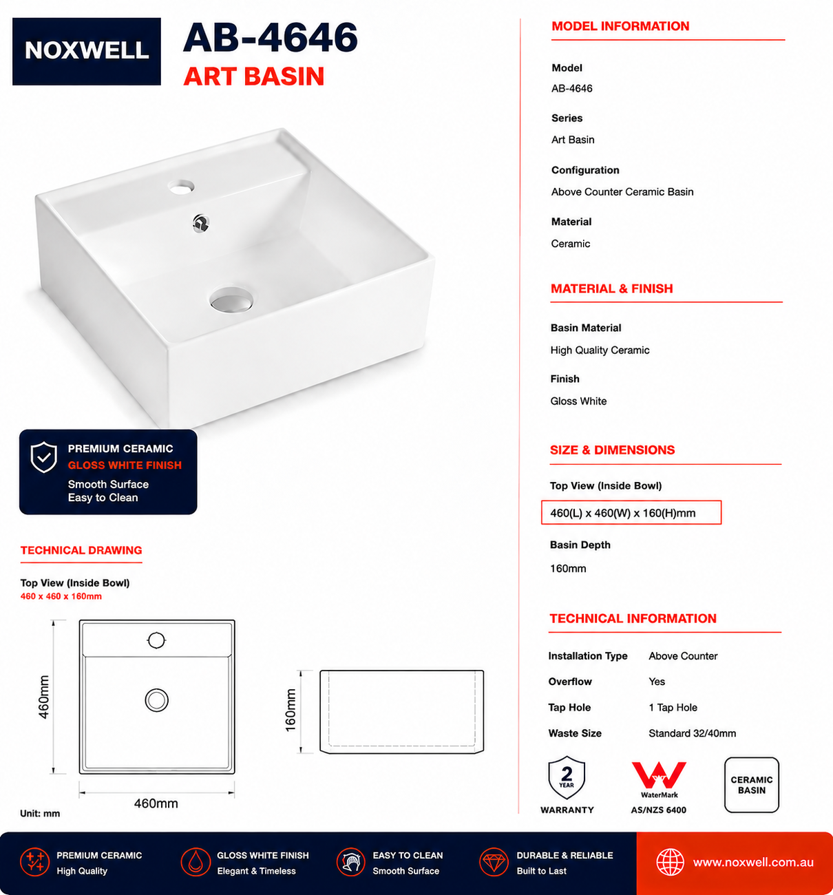 Gloss White Ceramic Art Basin 460x460mm Above Counter Bathroom Sink Noxwell AB-4646