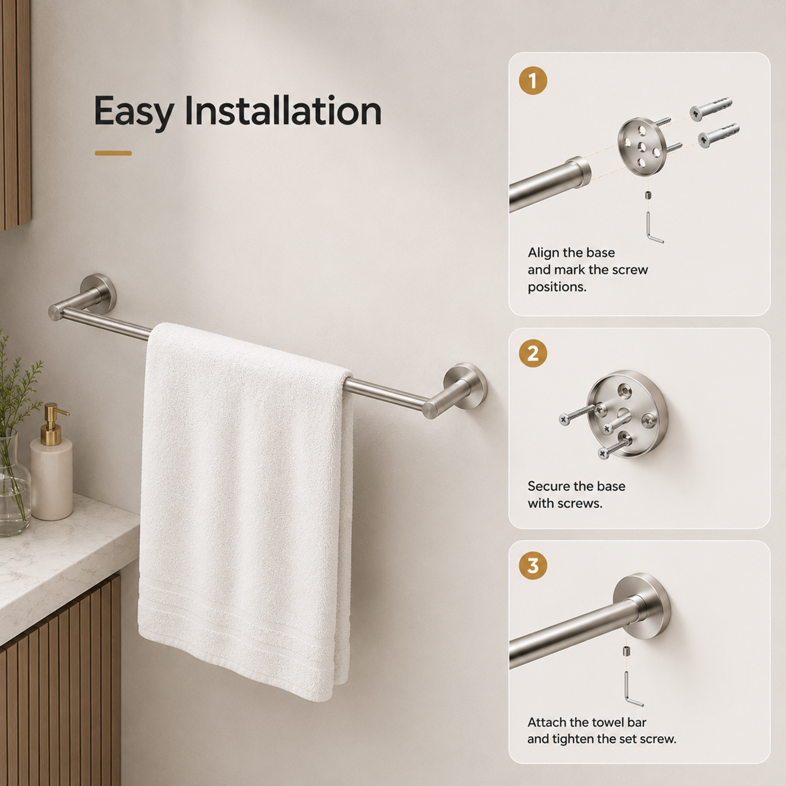 Brushed Stainless Steel Towel Rail 600mm Wall Mounted Noxwell BASV-3008 - Stainless Steel - 600mm - BASV-3008