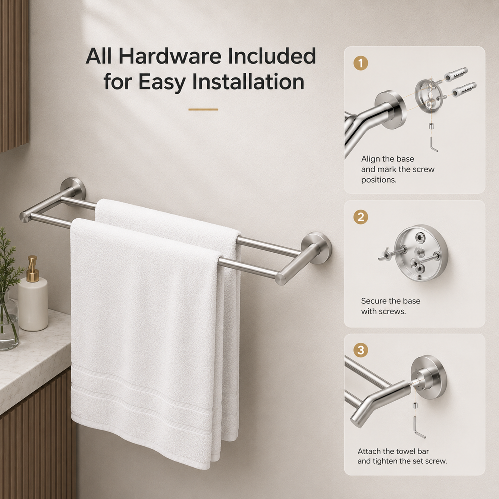 Brushed Stainless Steel Double Towel Rail 600mm Wall Mounted Noxwell BASV-3009 - Stainless Steel - 600mm - BASV-3009