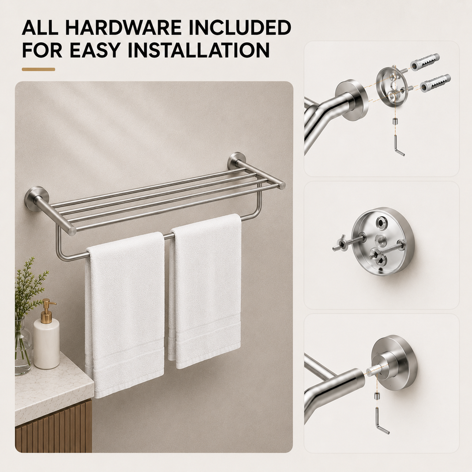 Stainless Steel Towel Rack with Rail 600mm Wall Mounted Noxwell BASV-3010 - Stainless Steel - 600mm - BASV-3010