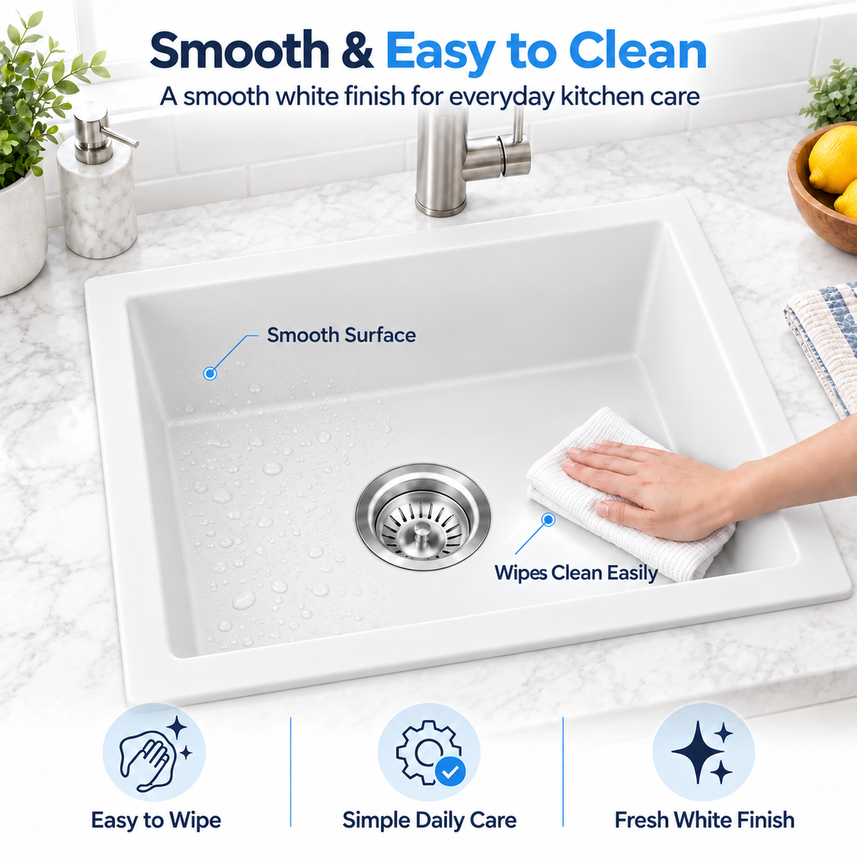 550x450mm Noxwell White Granite Single Bowl Kitchen Sink | KGWH-5545