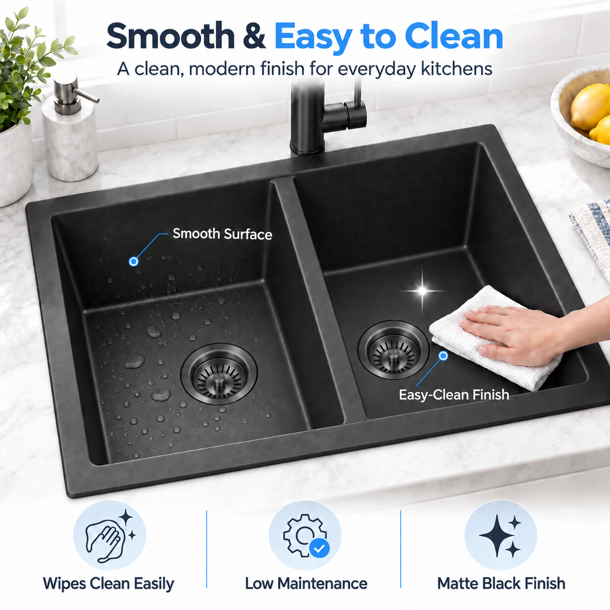 KGBL-7745 matte black granite double bowl sink easy-clean surface