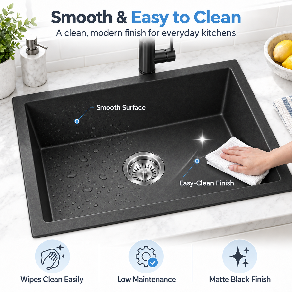 KGBL-7045 matte black granite sink smooth easy-clean surface