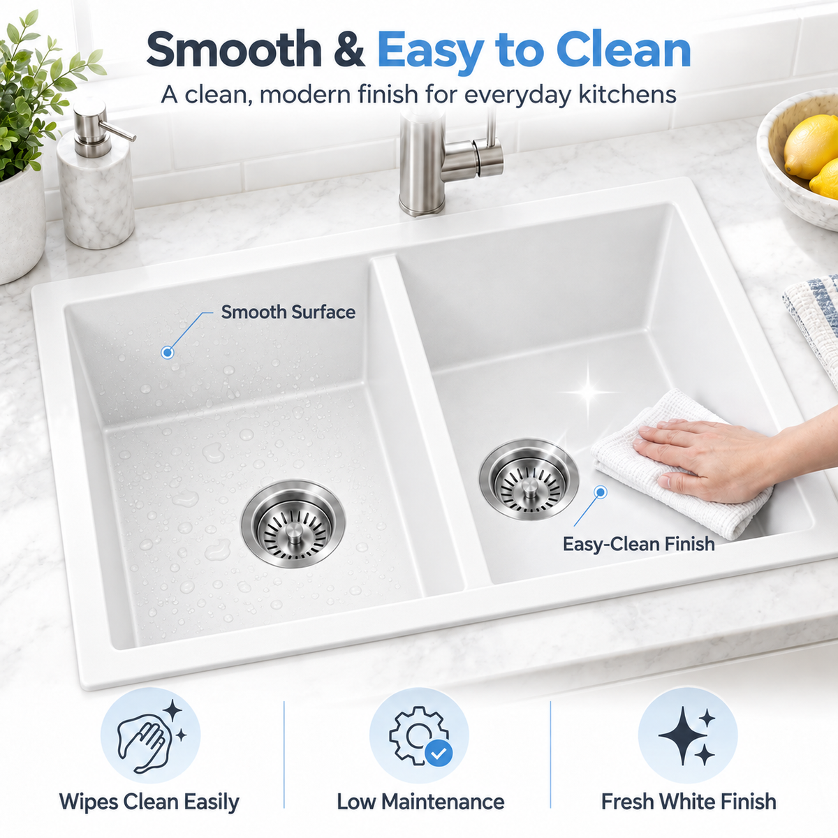 KGWH-7745 white granite double bowl kitchen sink easy-clean surface