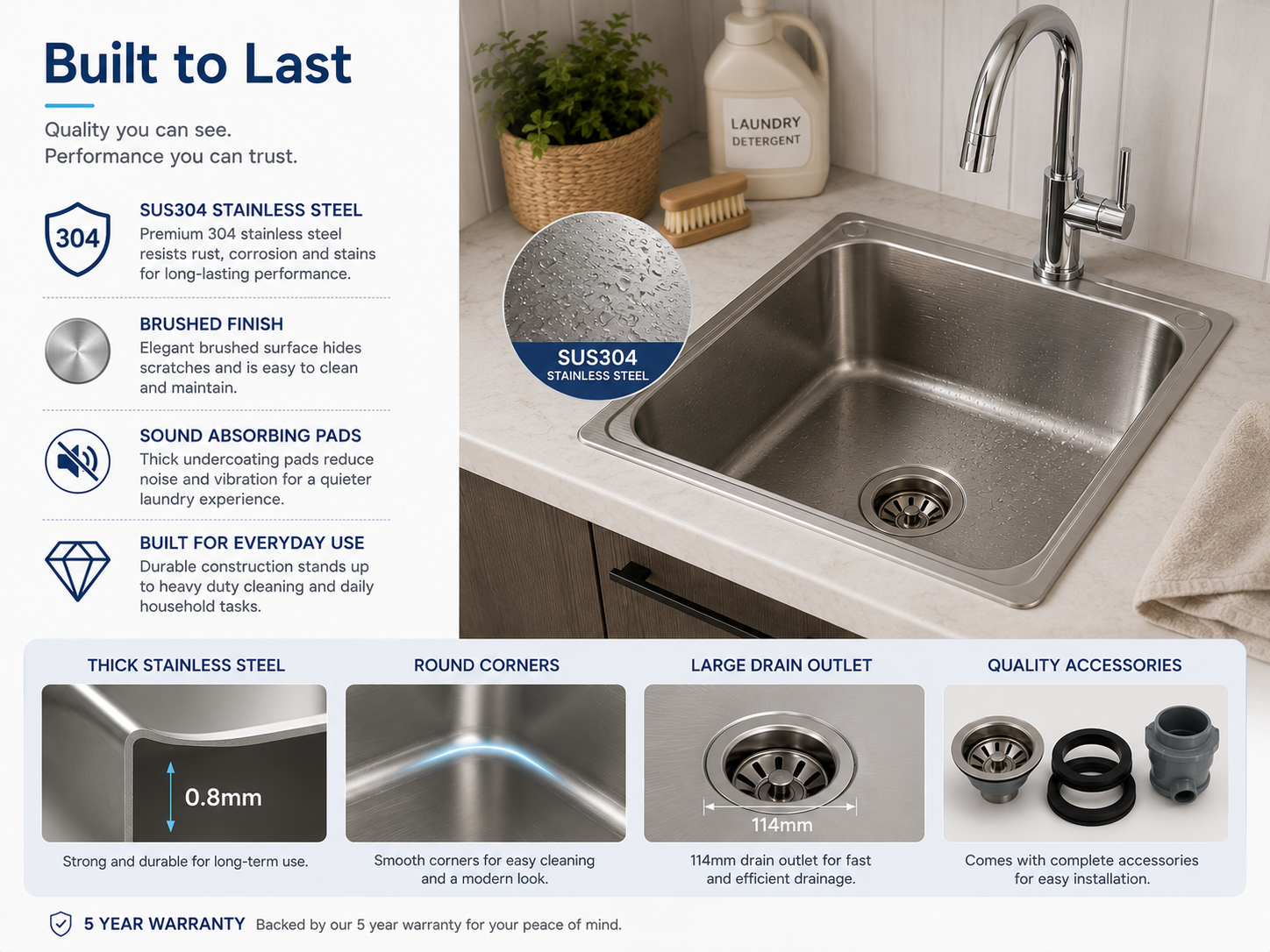 600x500mm Noxwell Brushed Stainless Steel Laundry Sink | KSSV-6050