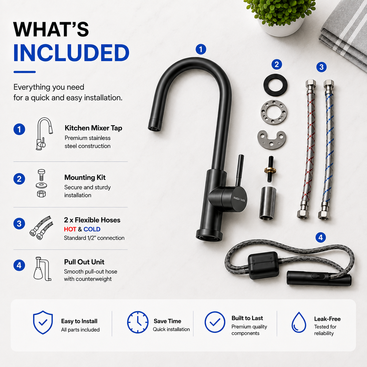 Noxwell Gun Metal Black Pull Out Kitchen Mixer Tap 422mm | KMBL-7471