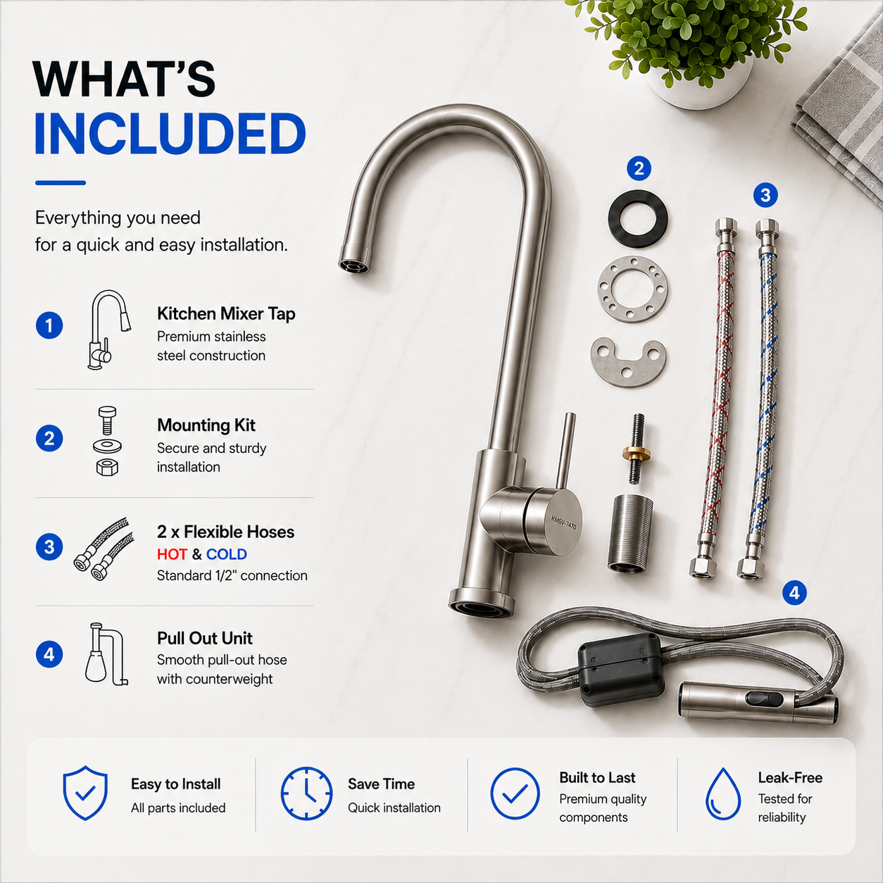 Noxwell Brushed Stainless Steel Pull Out Kitchen Mixer Tap 422mm | KMSV-7471