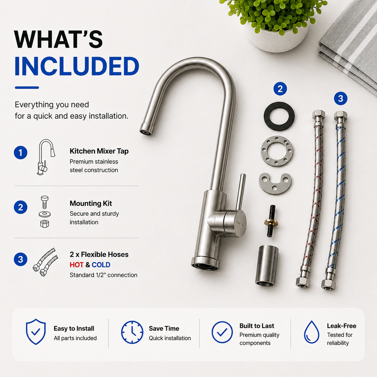 Noxwell Brushed Stainless Steel Kitchen Mixer Tap 360 Degree Swivel | KMSV-7470