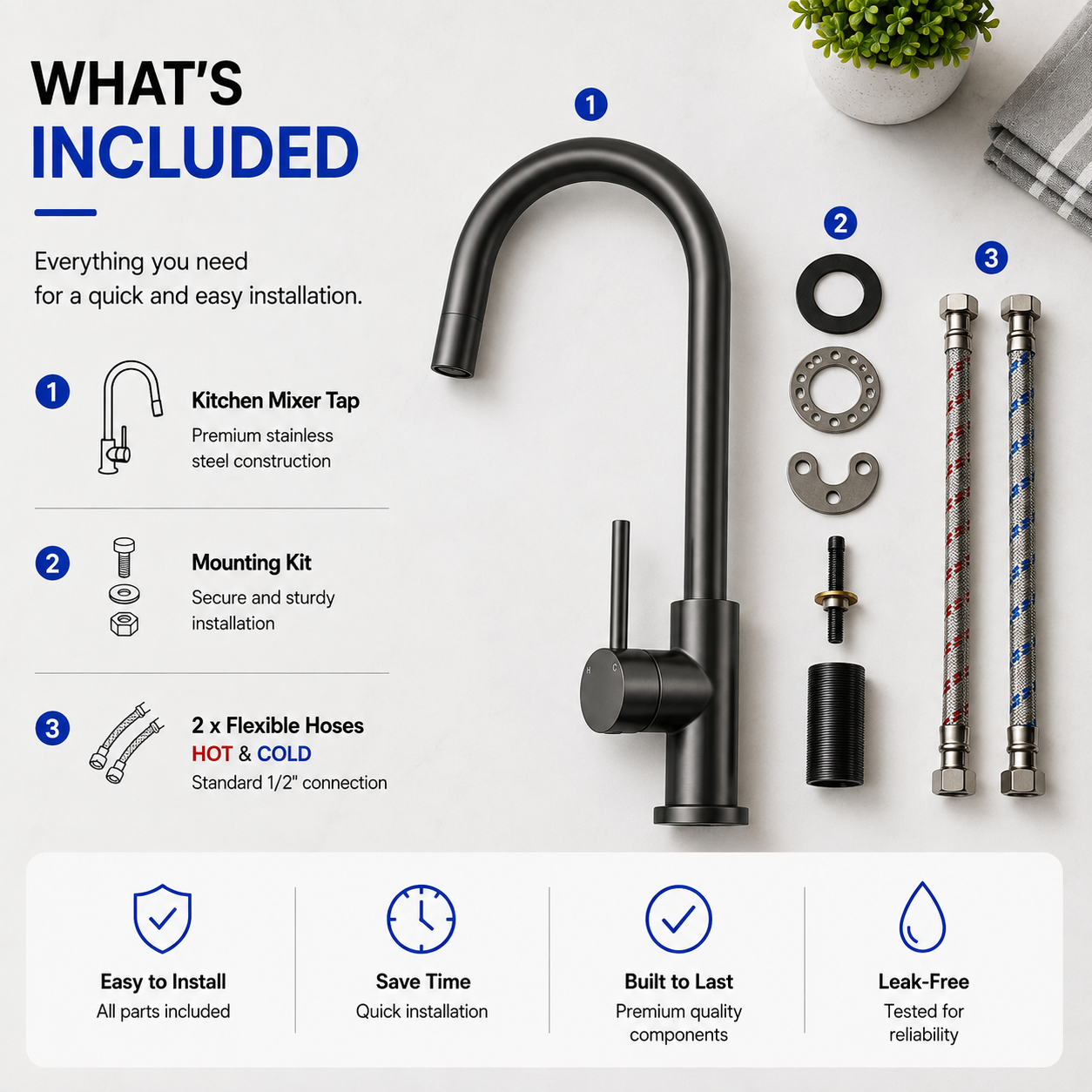 Noxwell Gun Metal Black Stainless Steel Kitchen Tap Mixer 360° Swivel 362mm | KMBL-7470