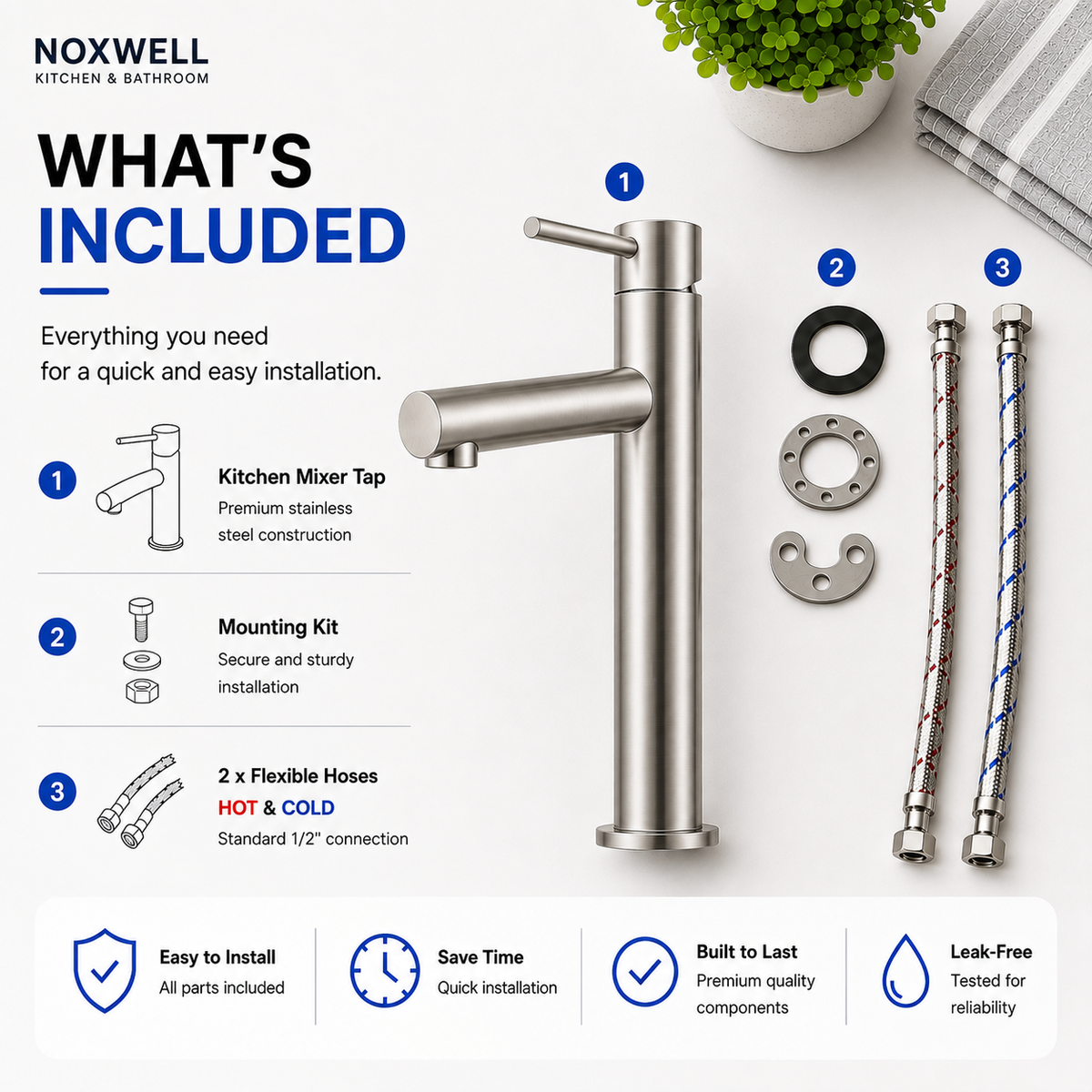 Noxwell BMSV-1470 bathroom basin mixer package contents with standard half inch connection hoses and fittings