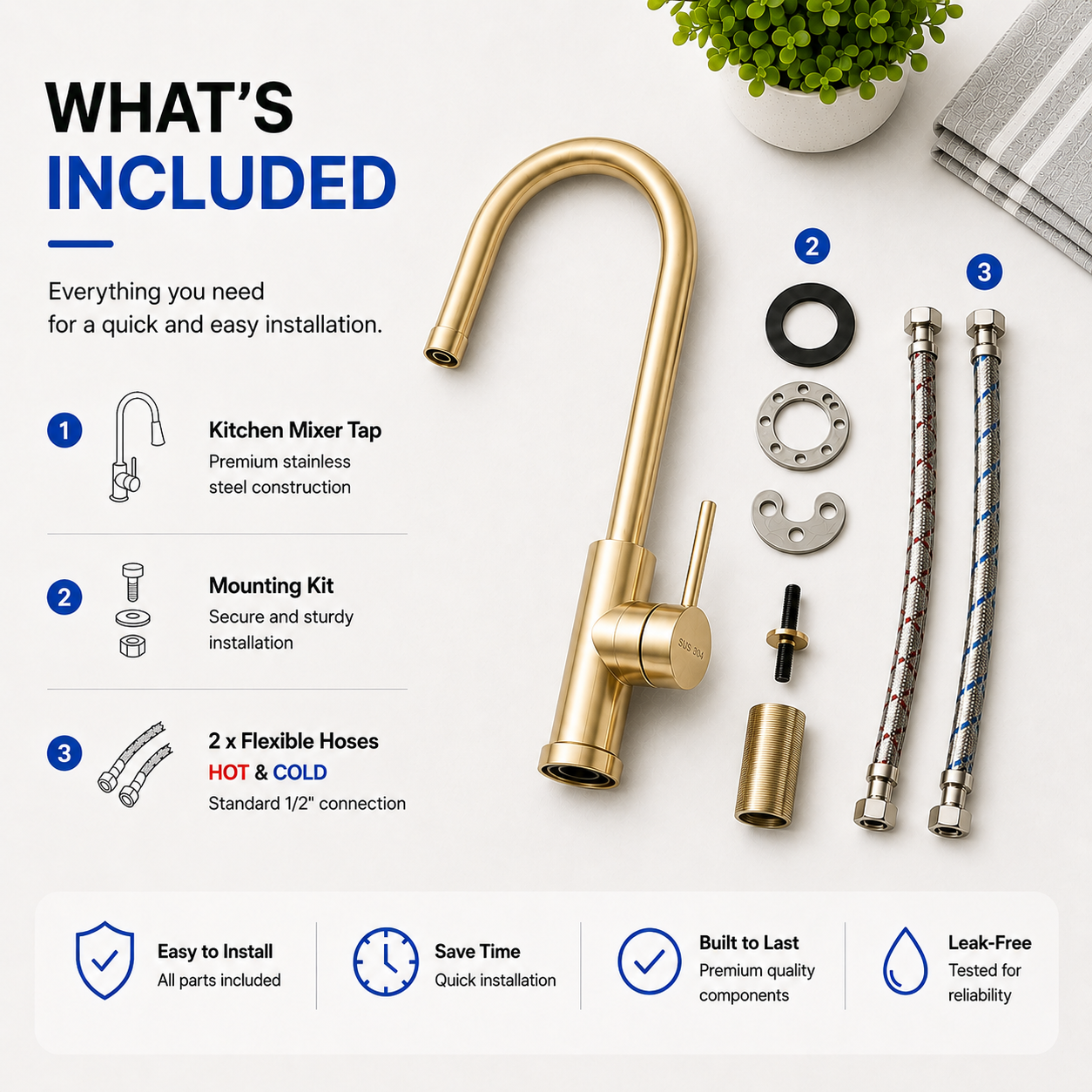 KMGL-7470 brushed gold kitchen mixer tap package contents and included installation fittings