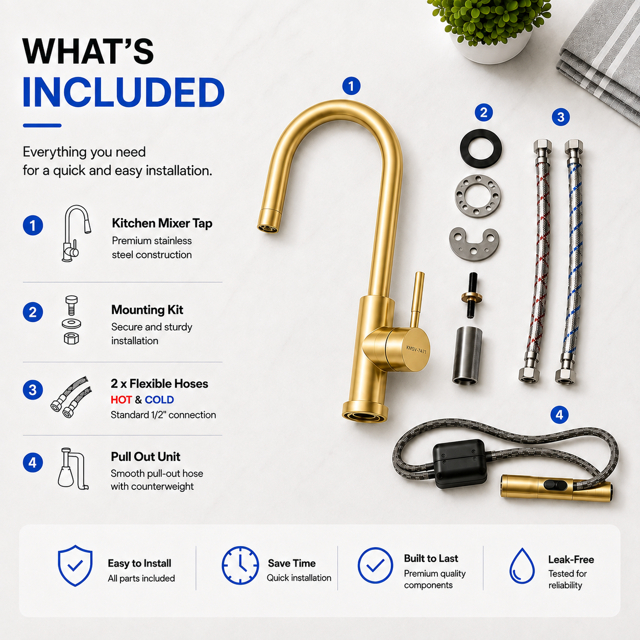 Noxwell Brushed Gold Stainless Steel Pull Out Kitchen Mixer Tap 422mm | KMGL-7471