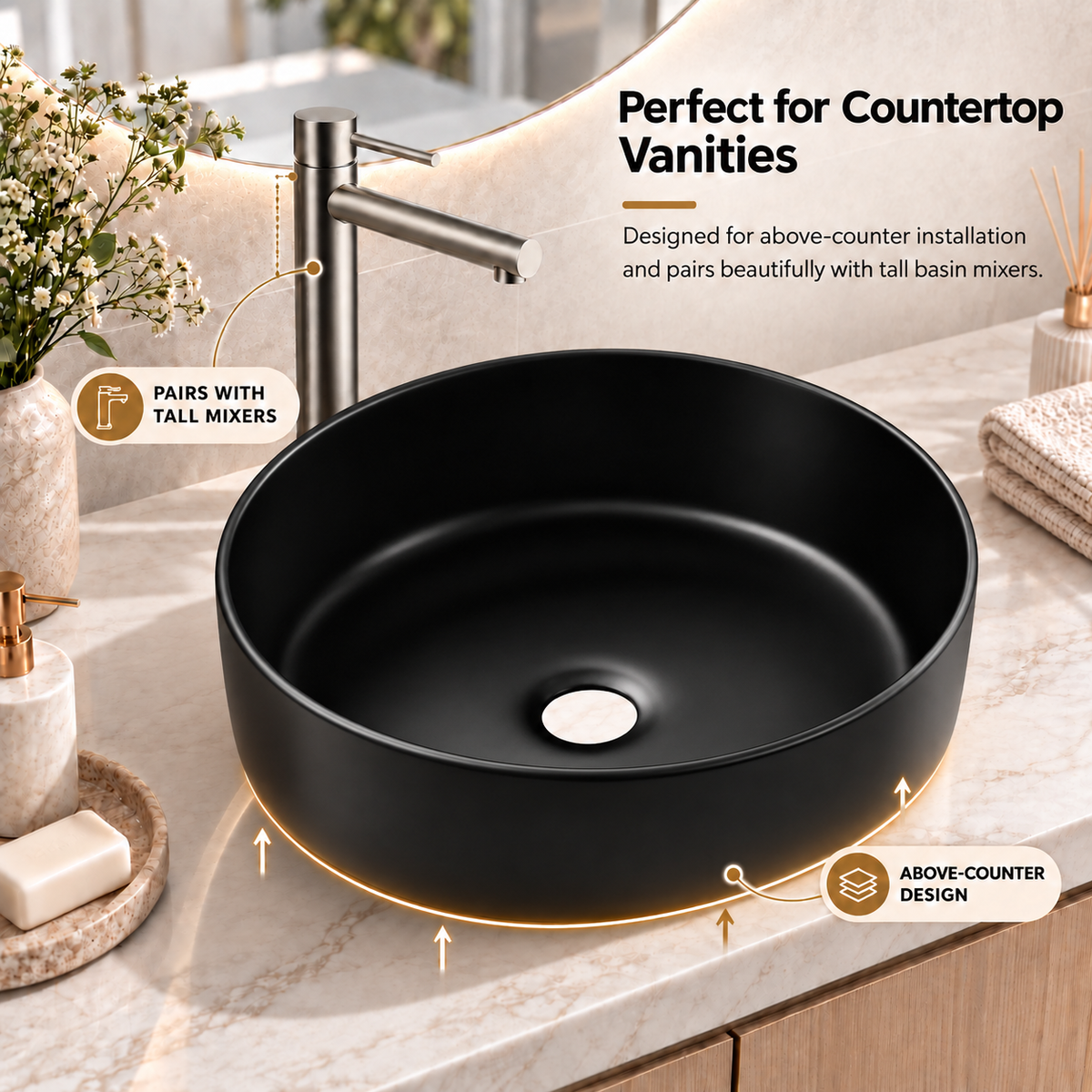 Noxwell AB-3535-B above-counter basin paired with a tall bathroom mixer