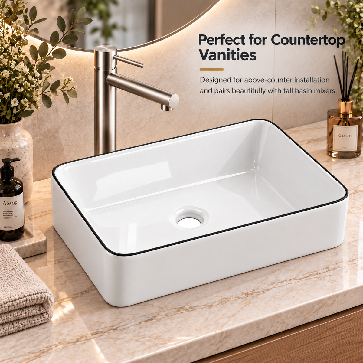 Noxwell AB-4837 above-counter basin paired with a tall bathroom mixer