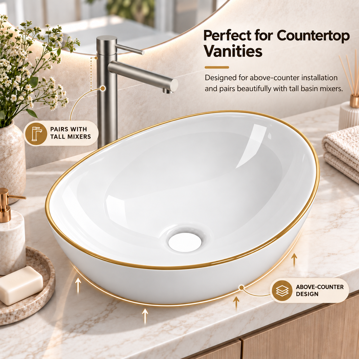 Noxwell AB-4134-G above-counter bathroom basin installation and tall mixer styling