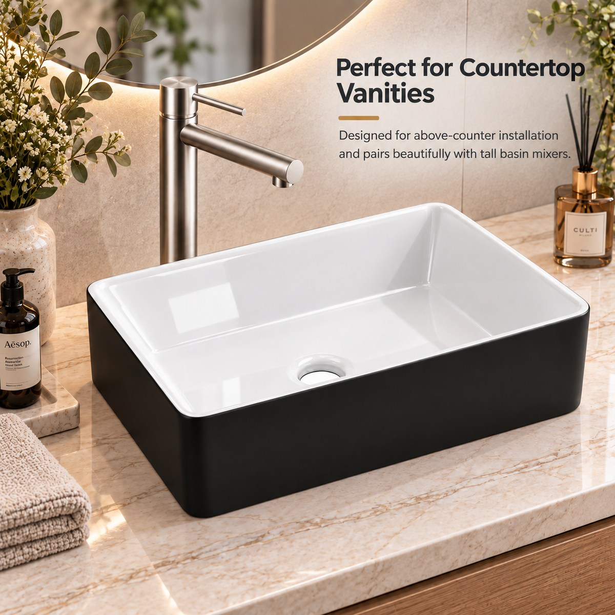 Noxwell AB-4837-B above-counter basin paired with a tall bathroom mixer
