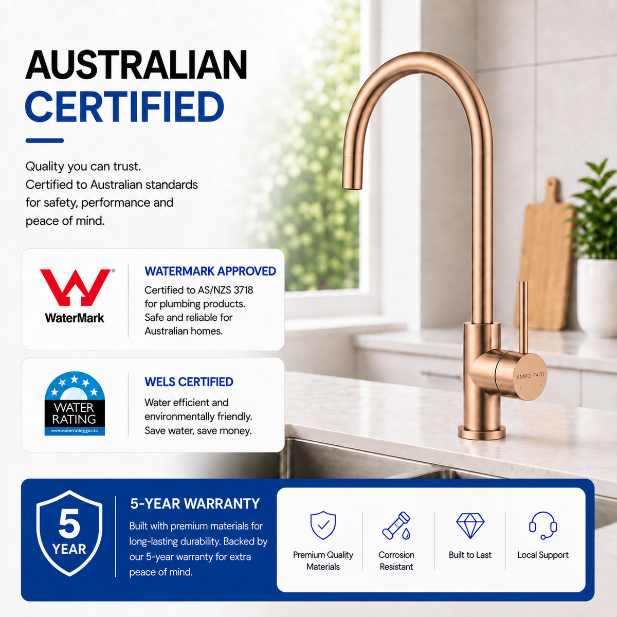 KMRG-7470 WaterMark approved WELS certified kitchen mixer with 5 year warranty