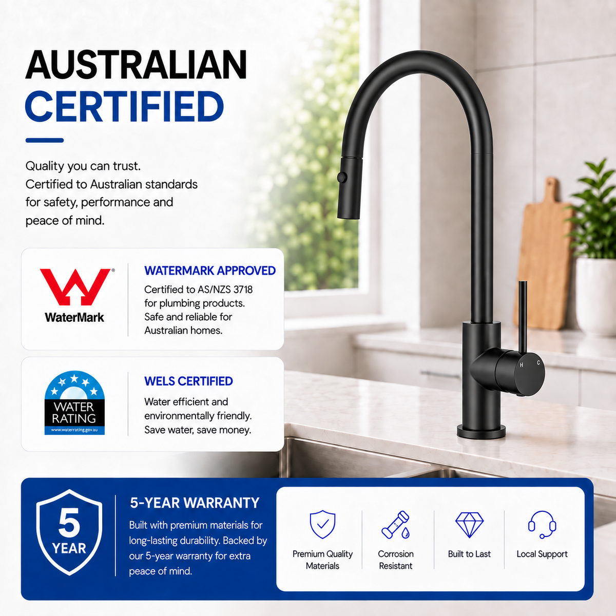 KMMB-7470 WaterMark approved WELS certified kitchen mixer with 5 year warranty