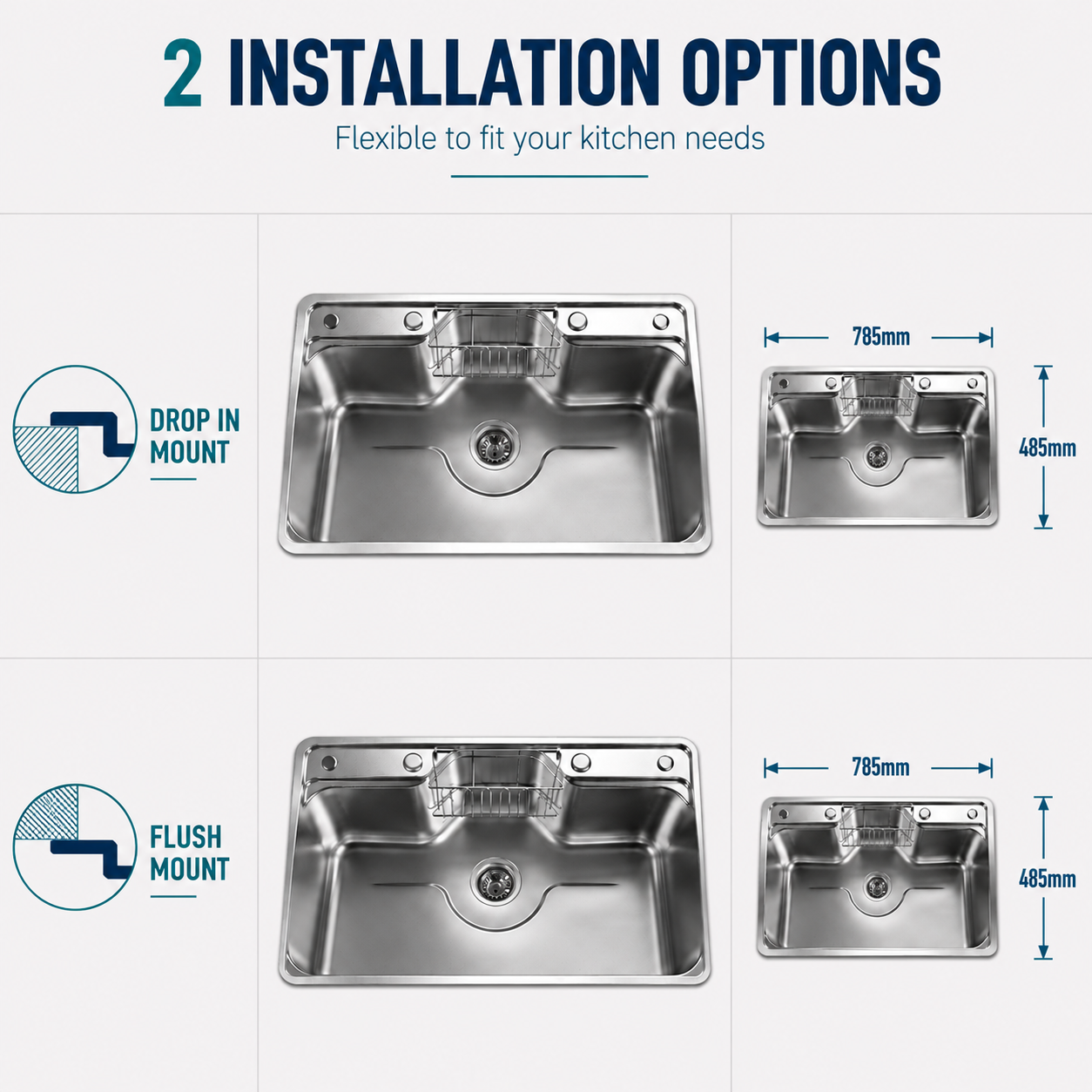 Brushed Stainless Steel Workstation Kitchen Sink Single Bowl with Accessories 802x502mm 220mm Deep Noxwell KSSV-8050 - KSSV-8050 - 802x502mm