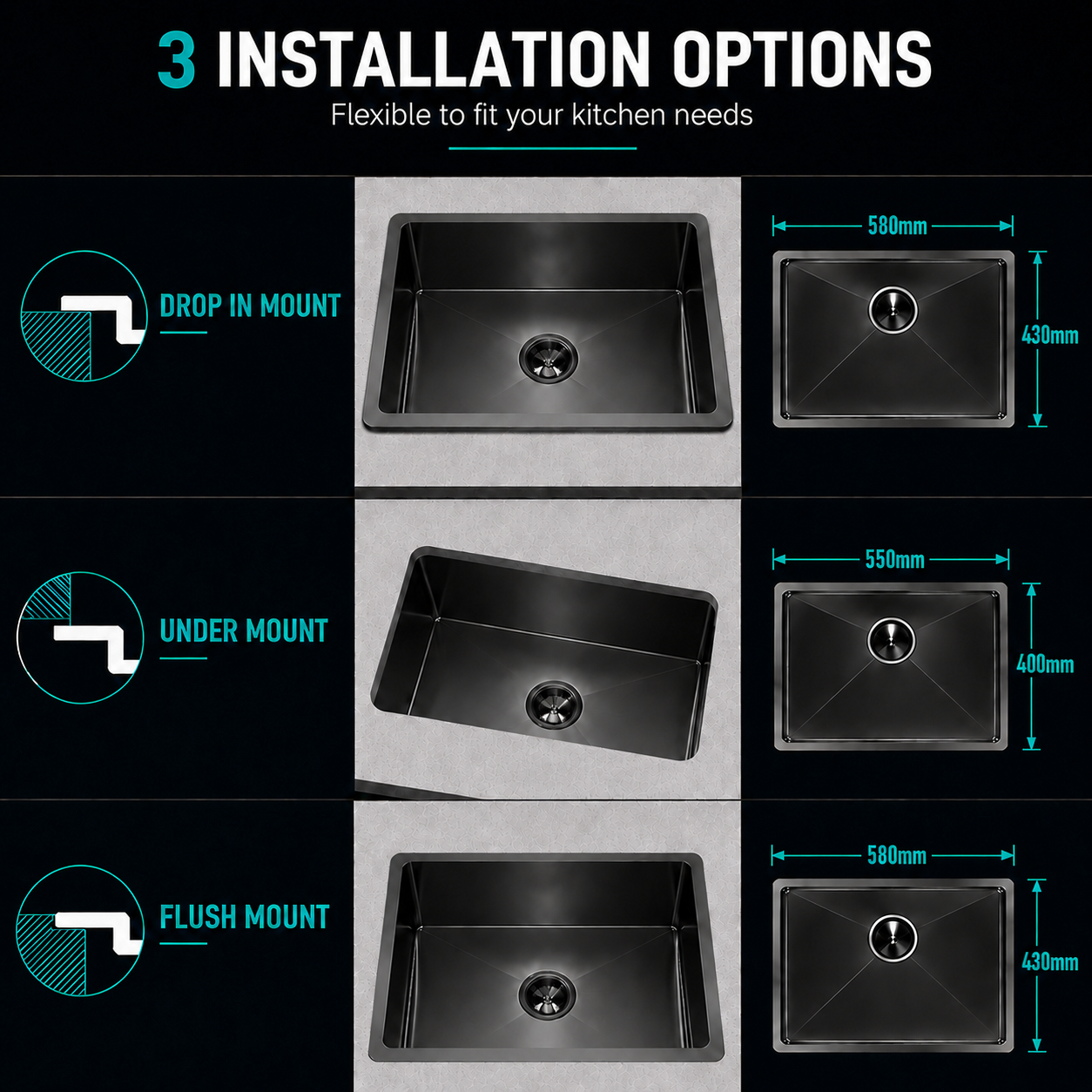 KSBL-6045 kitchen sink topmount, undermount and flush-mount installation options