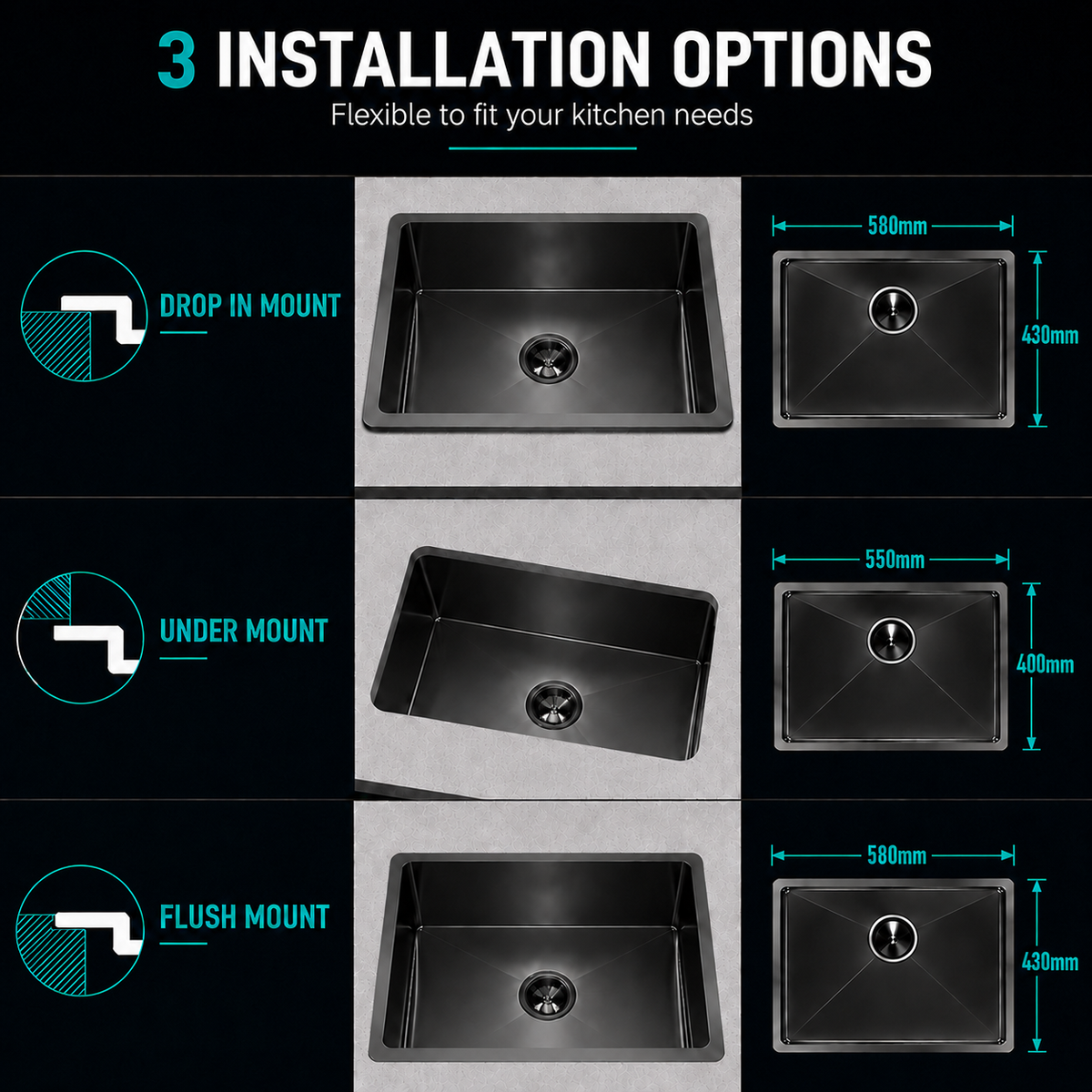 KSBL-6045 kitchen sink topmount, undermount and flush-mount installation options