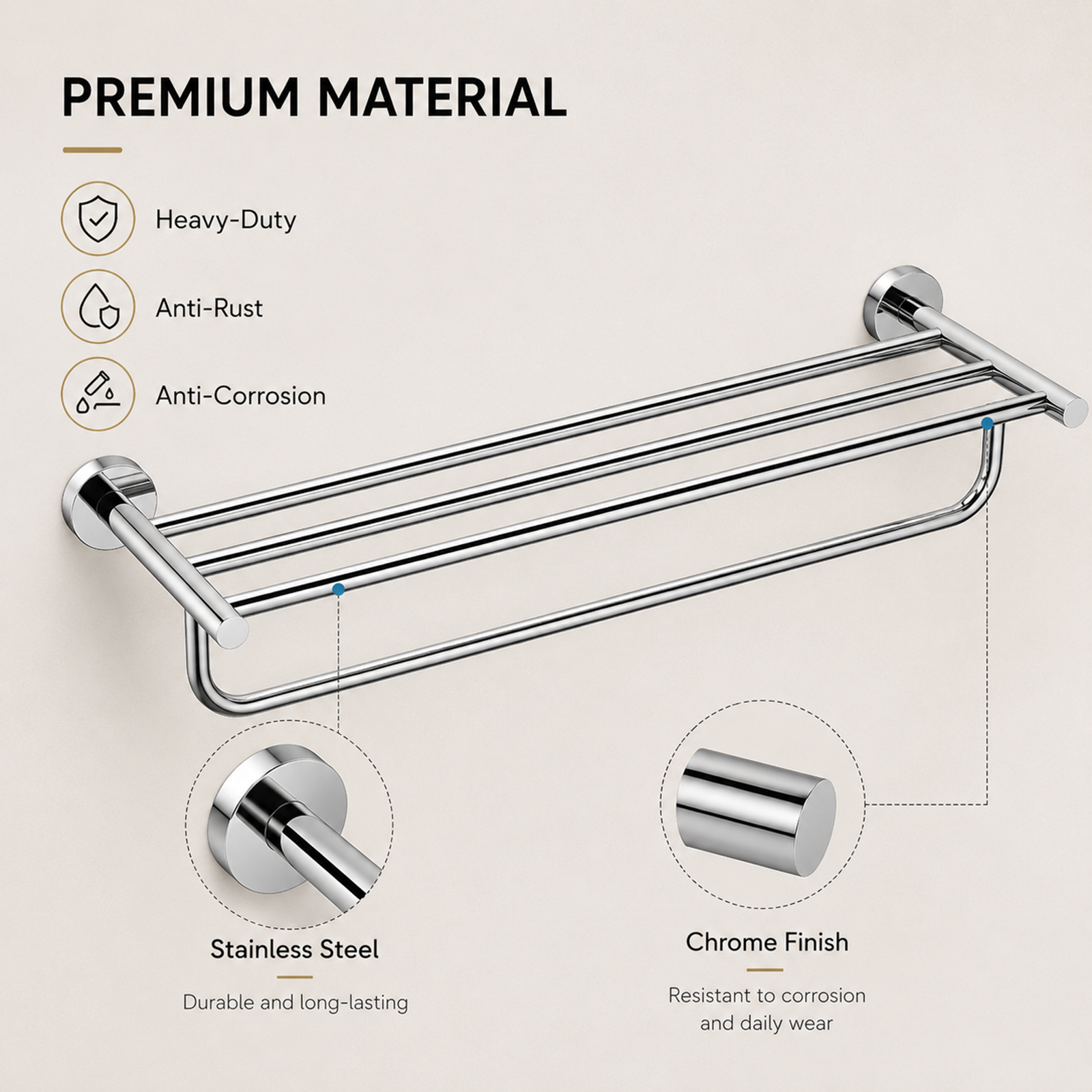 Stainless Steel Towel Rack with Rail 600mm Wall Mounted Noxwell BASV-3010 - Stainless Steel - 600mm - BASV-3010