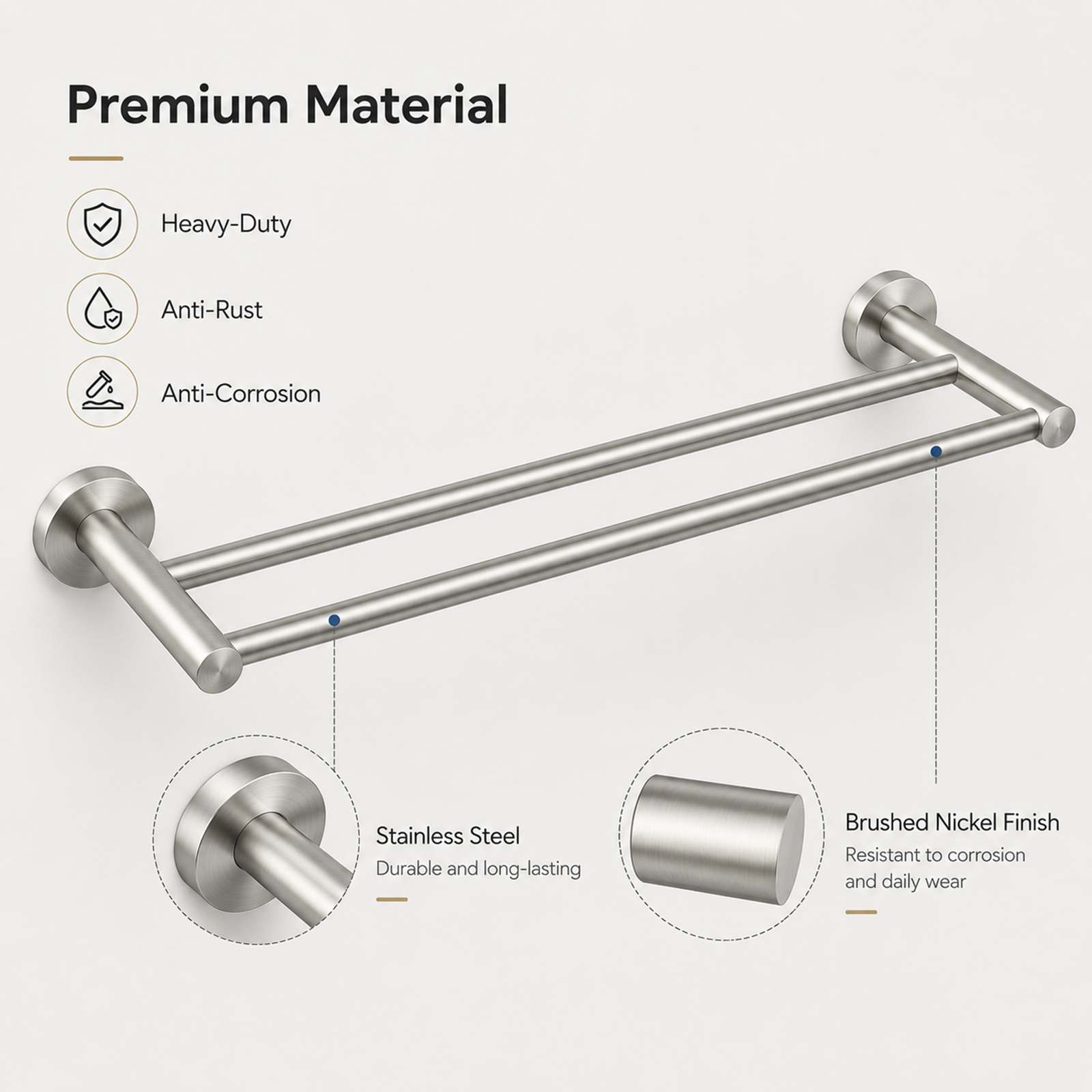Brushed Stainless Steel Double Towel Rail 600mm Wall Mounted Noxwell BASV-3009 - Stainless Steel - 600mm - BASV-3009