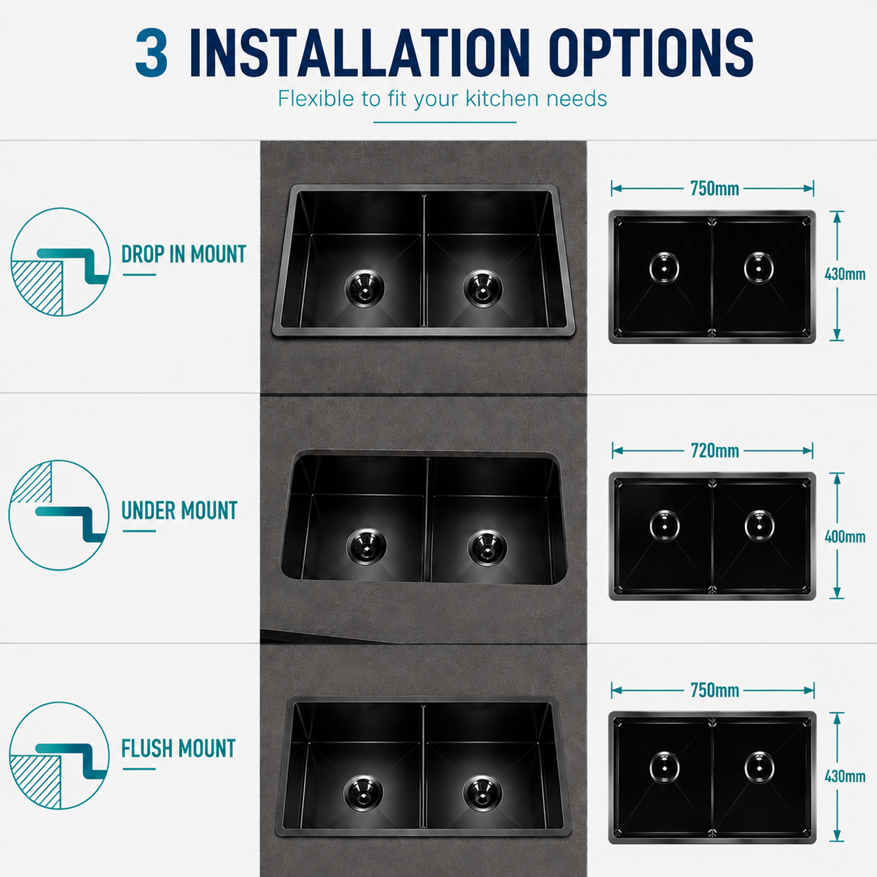 Gunmetal Black Kitchen Sink Double Bowl 770x450mm Noxwell KSBL-7745-D - KSBL-7745-D - 770x450mm