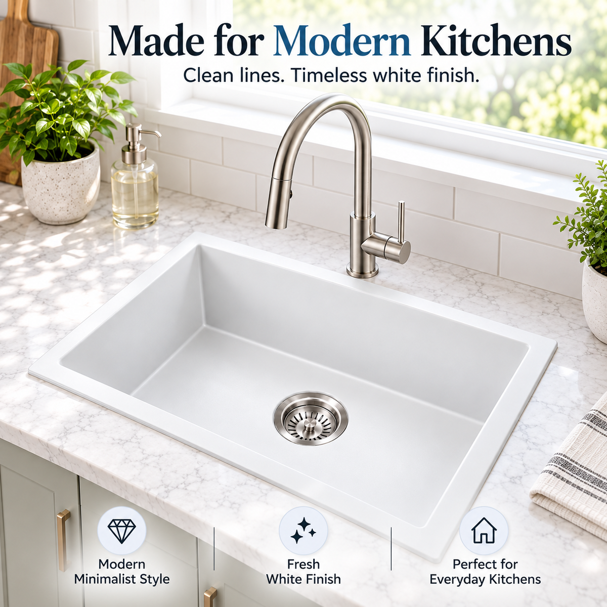 Noxwell KGWH-7045 white kitchen sink paired with stainless steel mixer