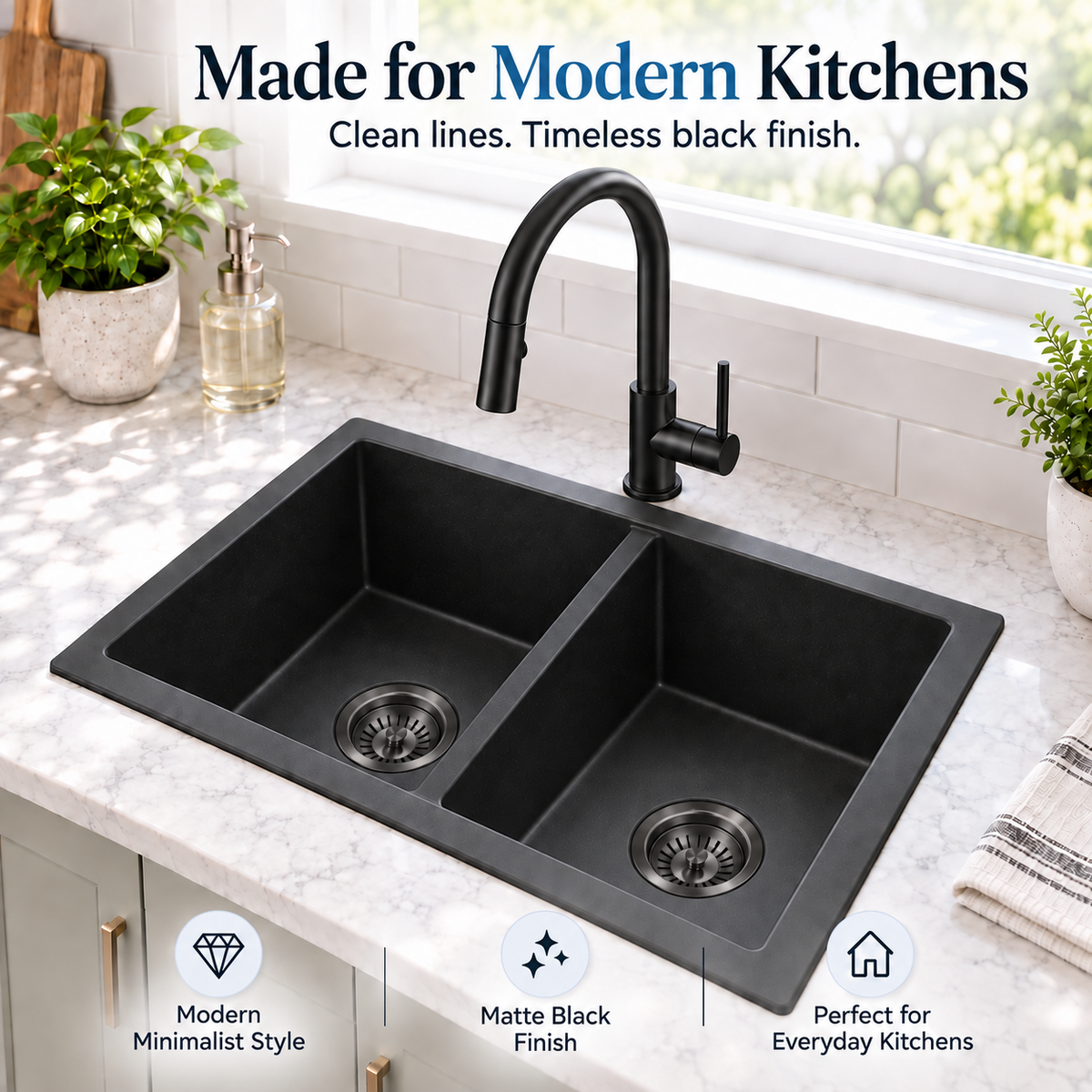 KGBL-7745 black granite equal double bowl sink in a modern kitchen