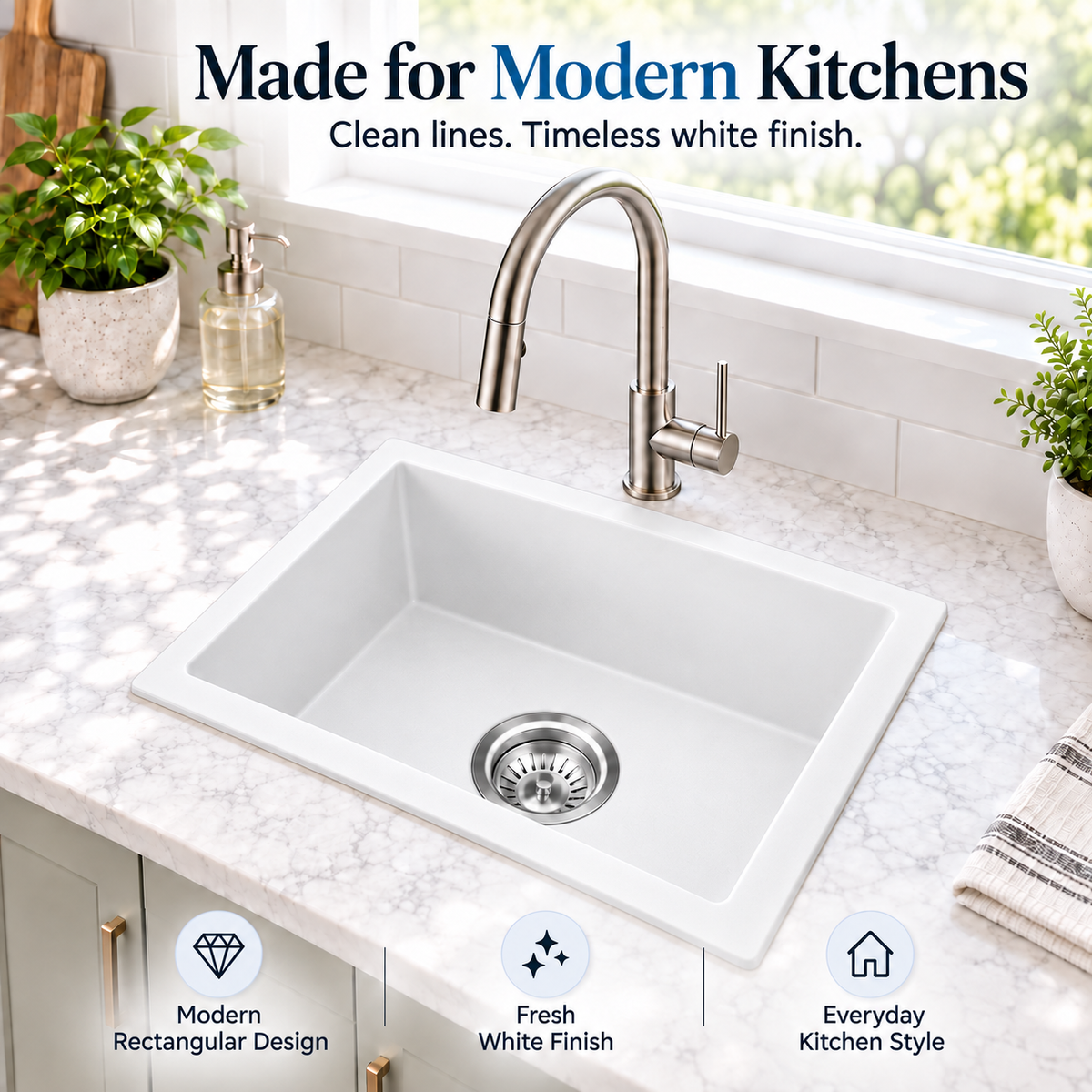 550x450mm Noxwell White Granite Single Bowl Kitchen Sink | KGWH-5545