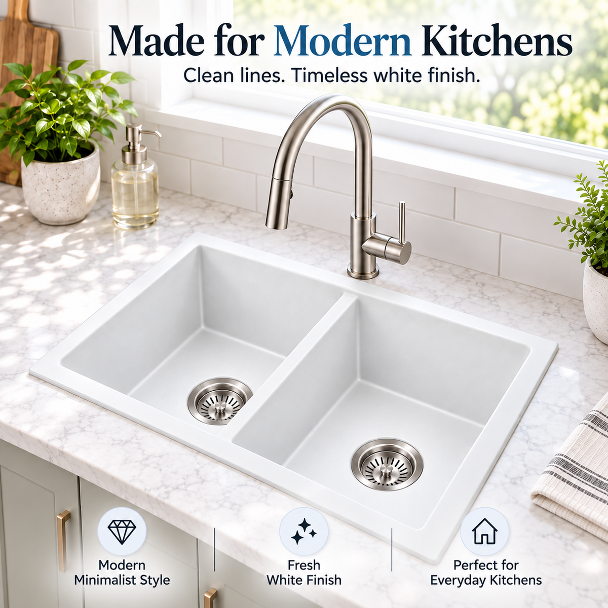 KGWH-7745 white granite equal double bowl sink in a modern kitchen