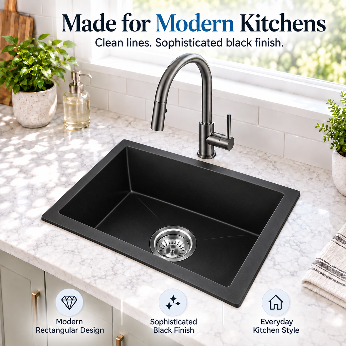 KGBL-5545 matte black granite kitchen sink in a modern kitchen with dark mixer
