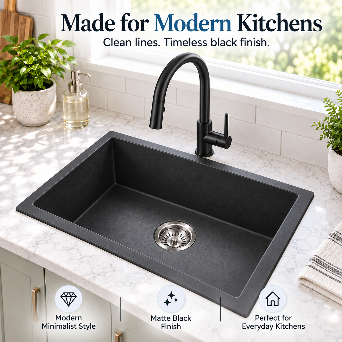 KGBL-7045 matte black granite kitchen sink in a modern kitchen with black mixer