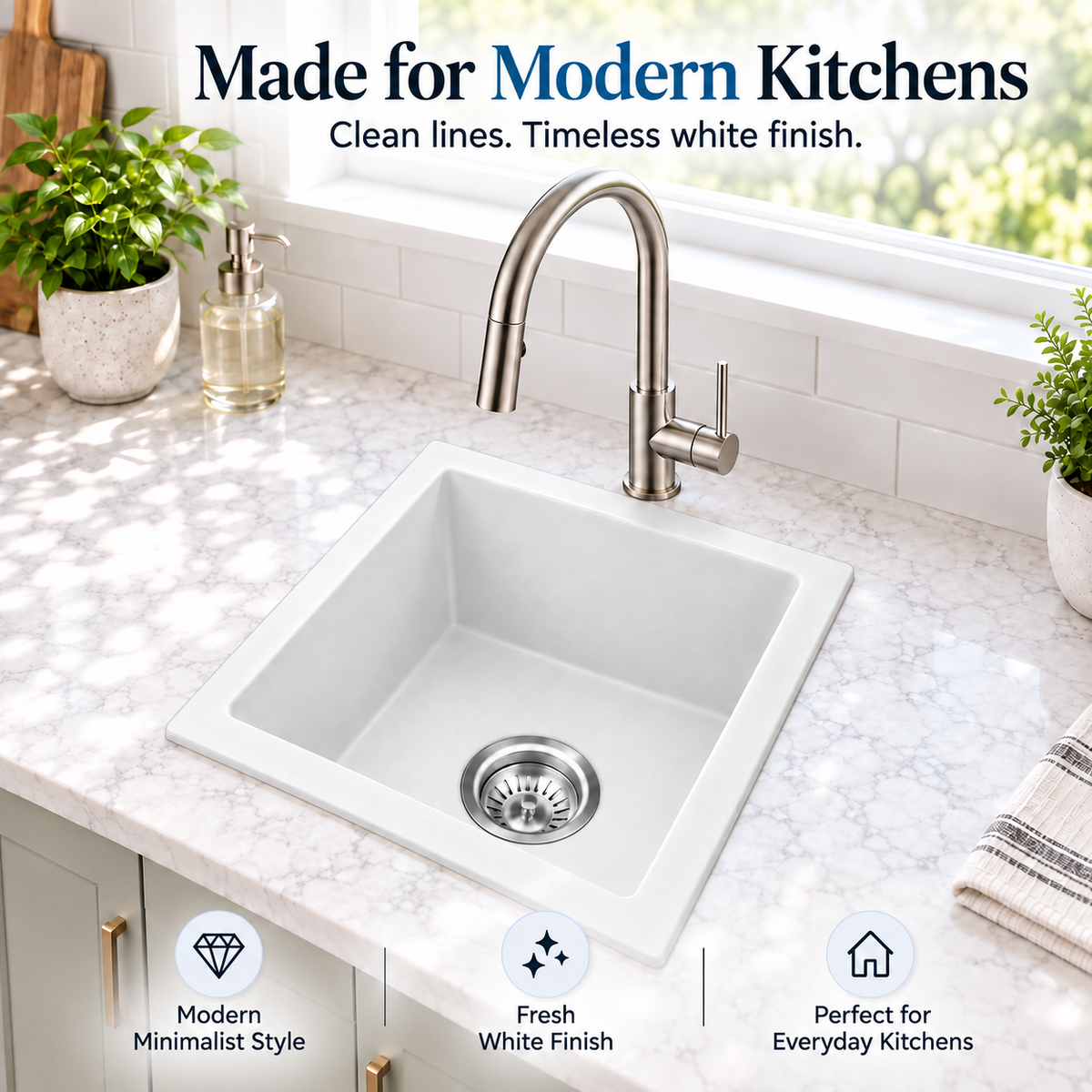 Noxwell KGWH-4545 white kitchen sink paired with stainless steel mixer