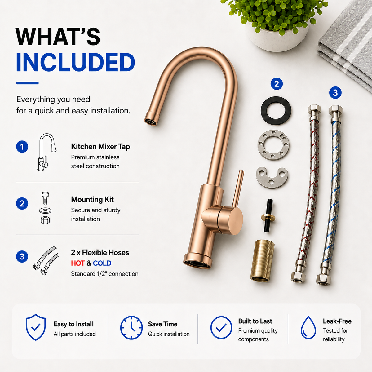 KMRG-7470 kitchen mixer package contents with mounting kit and flexible water hoses