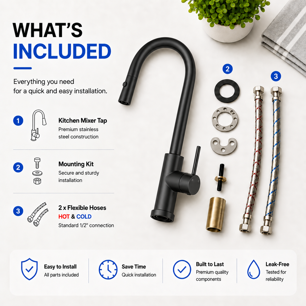 KMMB-7470 kitchen mixer package contents with mounting kit and flexible water hoses