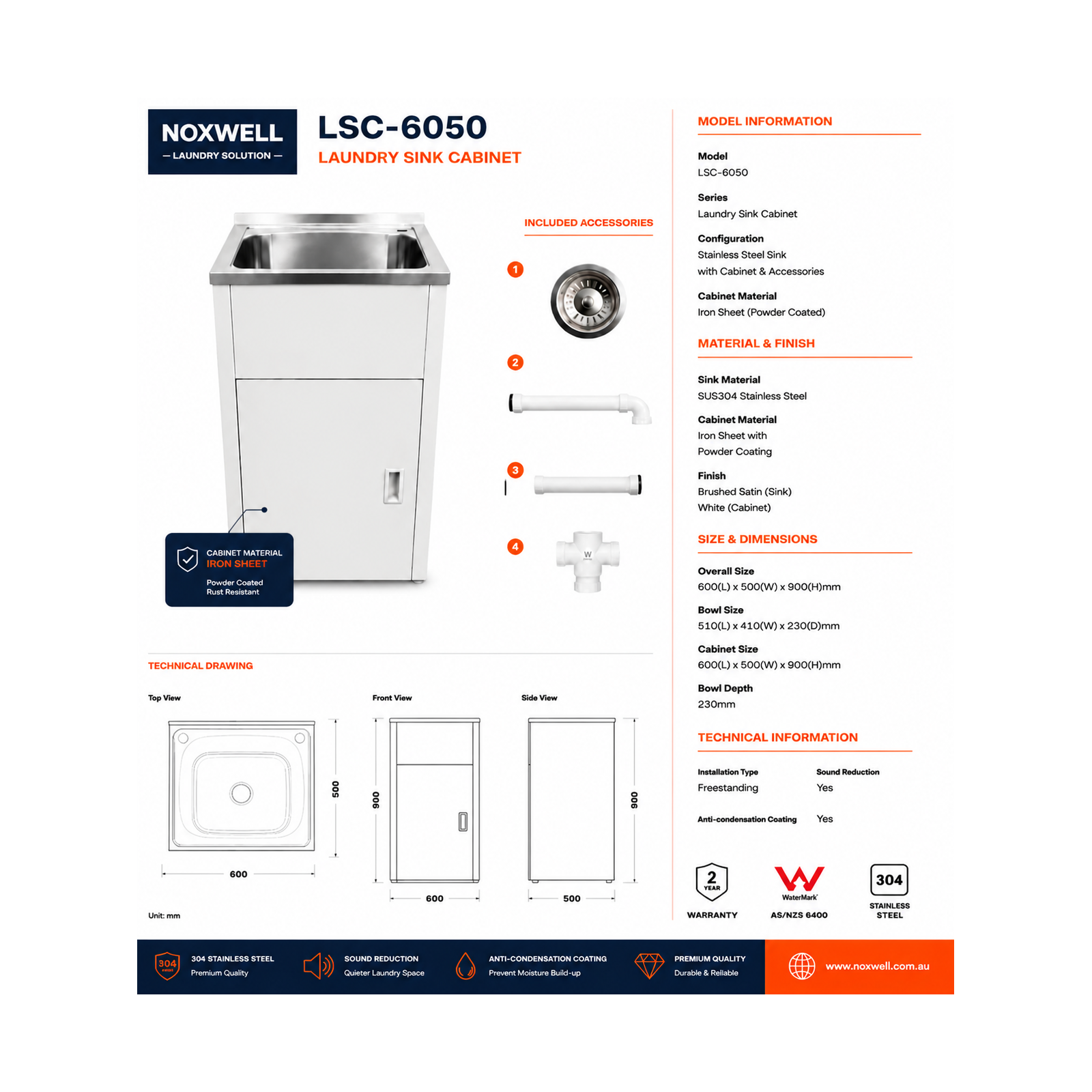 600mm Noxwell White Freestanding Laundry Sink Cabinet Stainless Steel Tub