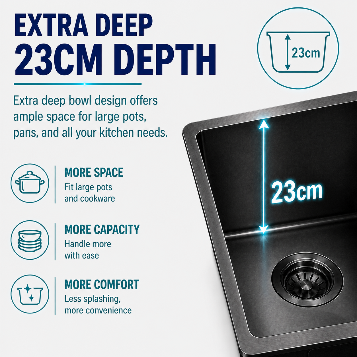 23cm deep single bowl gunmetal black kitchen sink