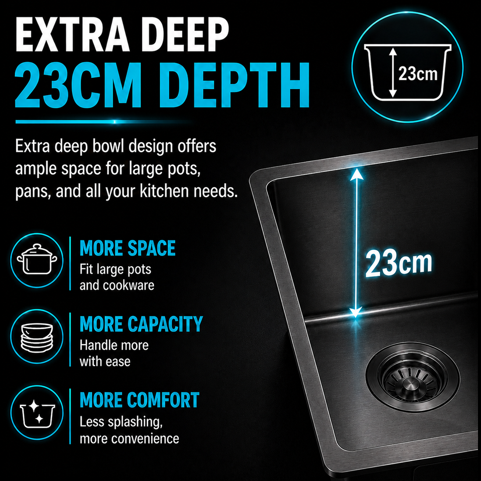 KSBL-6045 gunmetal black kitchen sink showing its spacious 230mm-deep bowl
