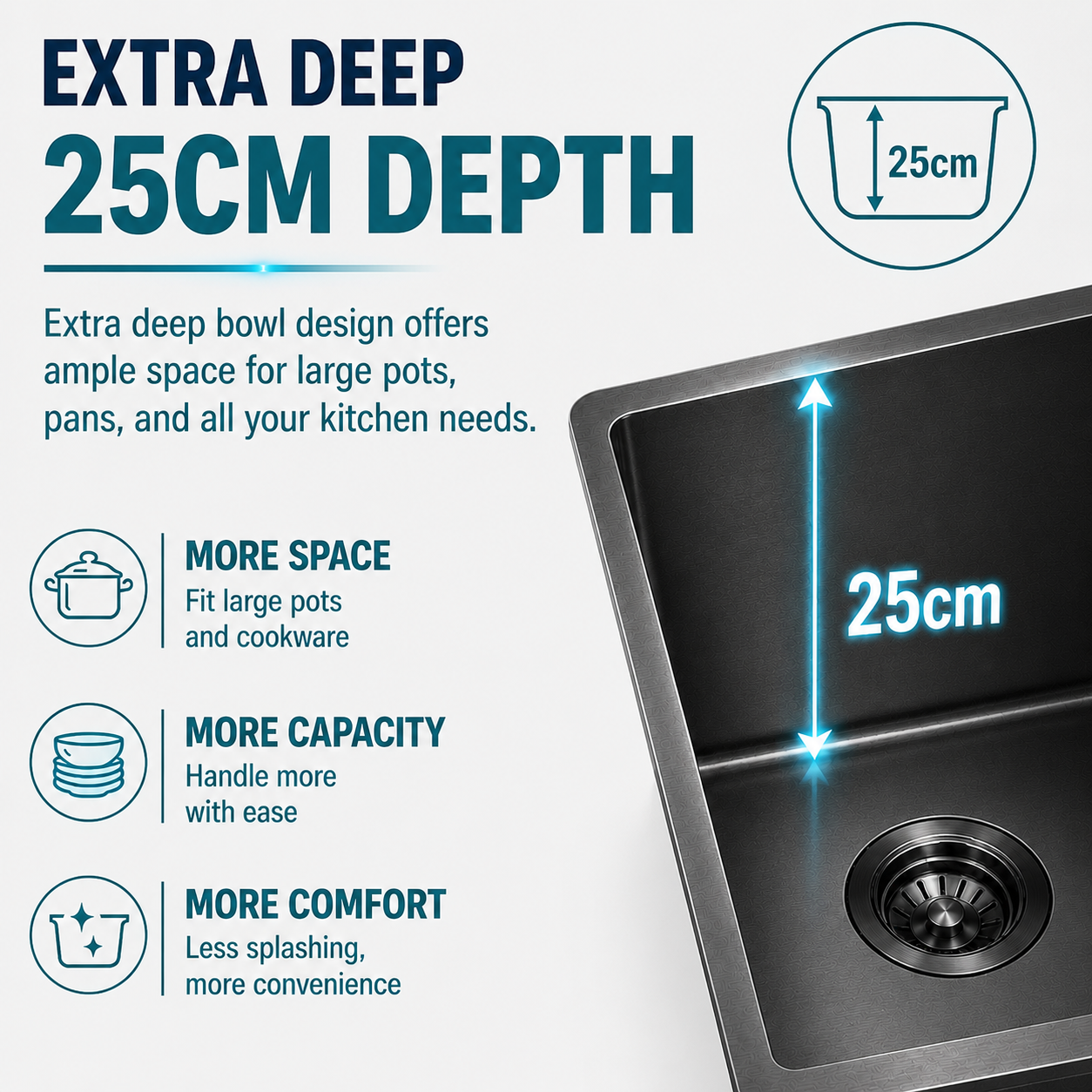 250mm deep single bowl gunmetal black kitchen sink