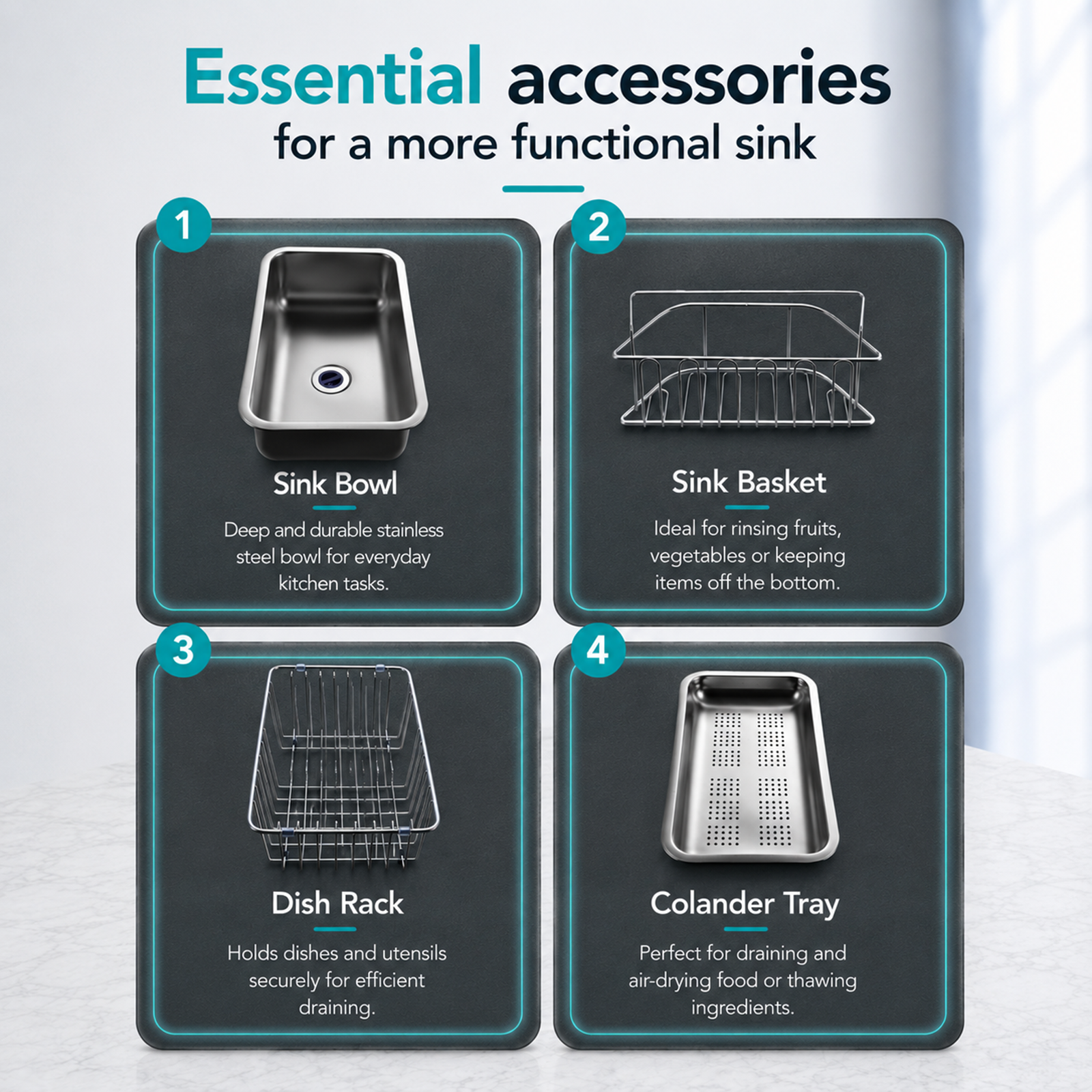 Brushed Stainless Steel Workstation Kitchen Sink Single Bowl with Accessories 802x502mm 220mm Deep Noxwell KSSV-8050 - KSSV-8050 - 802x502mm