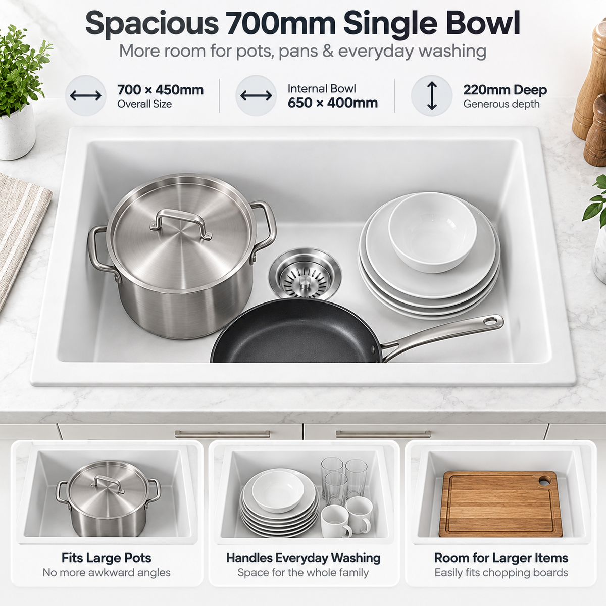 Noxwell KGWH-7045 spacious single bowl holding pots pans and dishes