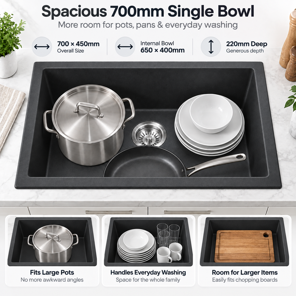 KGBL-7045 spacious 700 mm black granite single bowl for pots pans and dishes