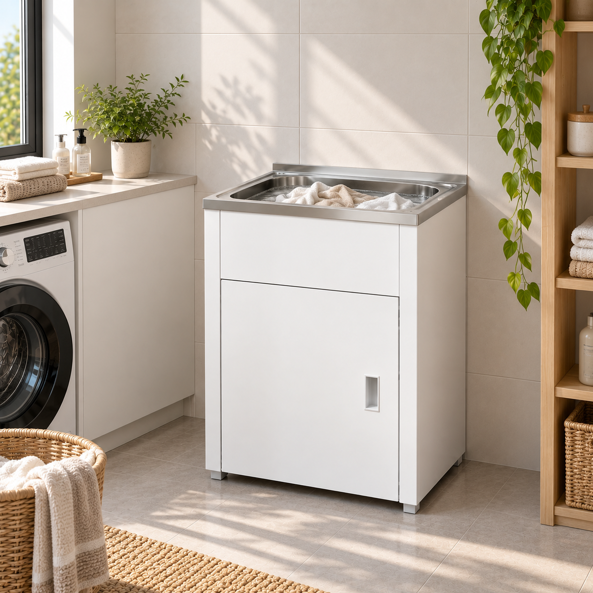 600mm Noxwell White Freestanding Laundry Sink Cabinet Stainless Steel Tub