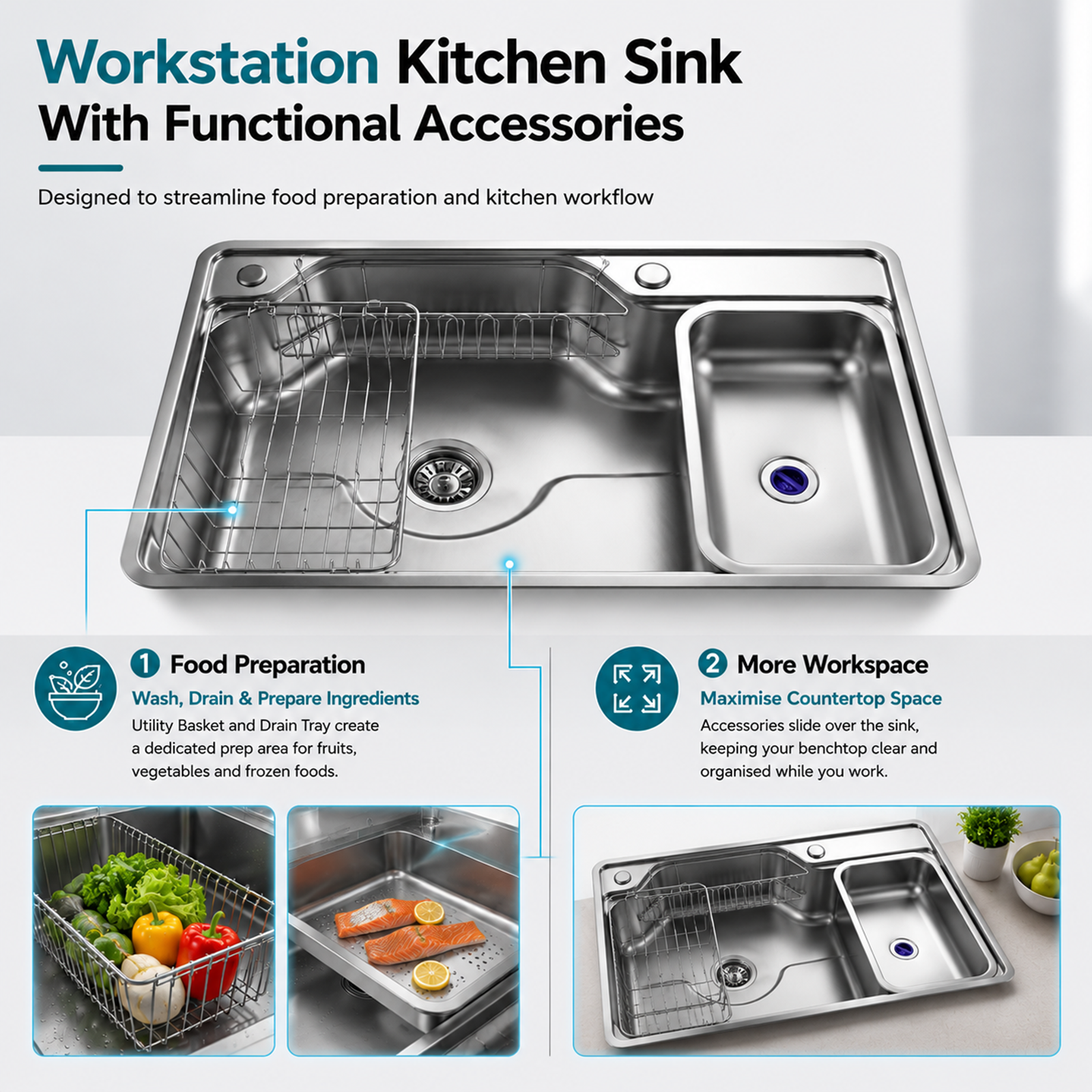 Brushed Stainless Steel Workstation Kitchen Sink Single Bowl with Accessories 762x482mm 220mm Deep Noxwell KSSV-7648 - KSSV-7648 - 762x482mm