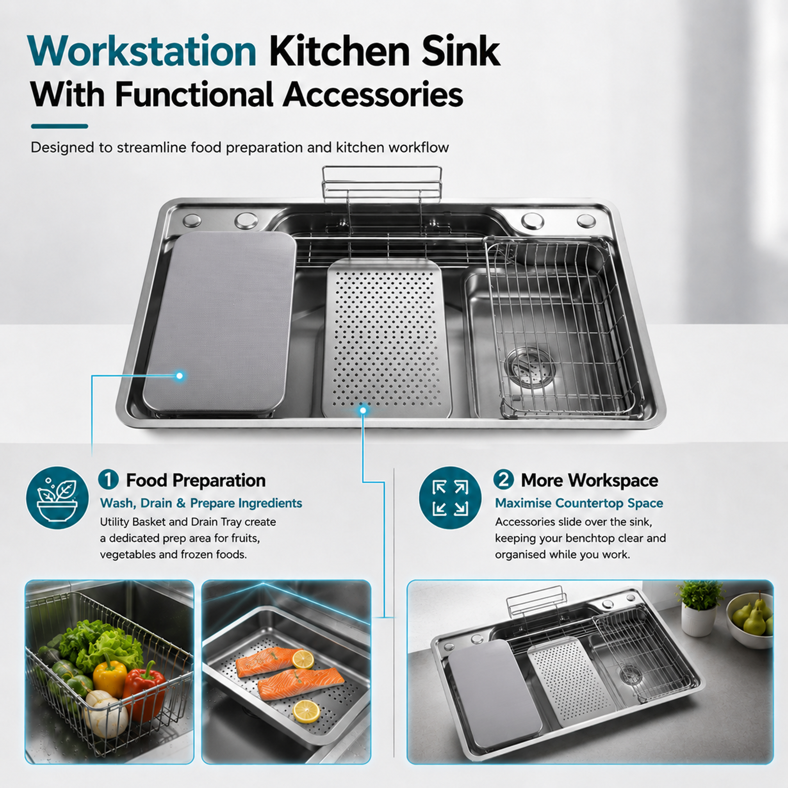 Brushed Stainless Steel Workstation Kitchen Sink Single Bowl with Accessories 802x492mm 270mm Deep Noxwell KSSV-8049 - KSSV-8049 - 802x492mm