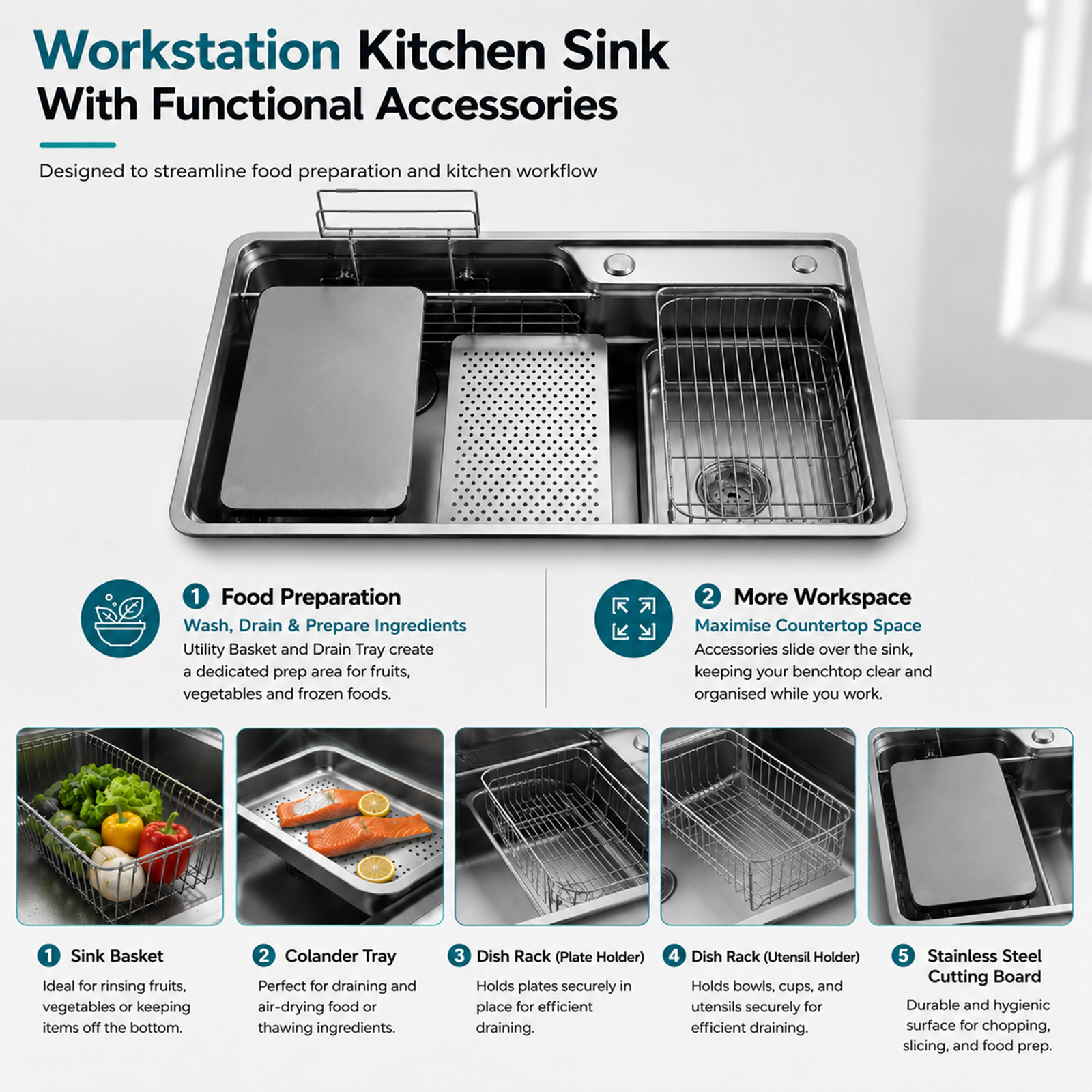 Brushed Stainless Steel Workstation Kitchen Sink Single Bowl with Accessories 752x492mm 240mm Deep Noxwell KSSV-7549 - KSSV-7549 - 752x492mm